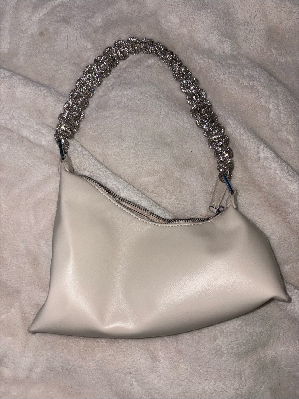 Madison West Cream Shoulder Bag with Beaded Crystal Strap